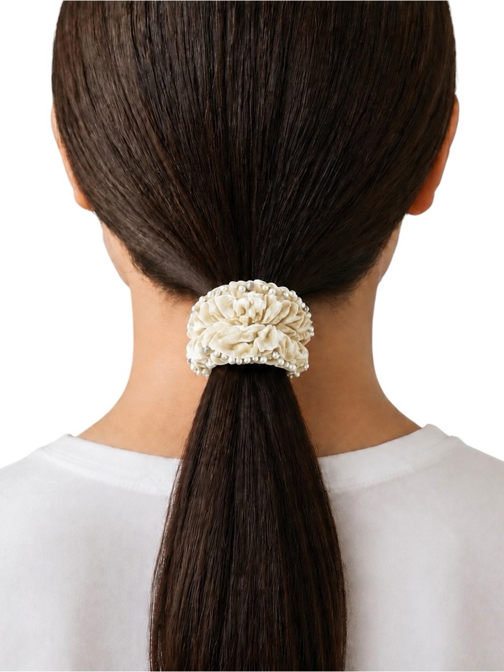 New Cream Ecru Velvet Allover White Pearl Rhinestone Comfy Scrunchie Hair Tie